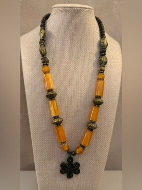 Vintage Style Amber Resin Bead Necklace w/ Carved Pendant Boho Statement